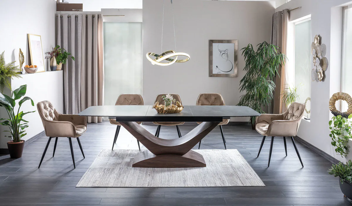 Table DOLCE CERAMIC gray marble/walnut 180(240)X95