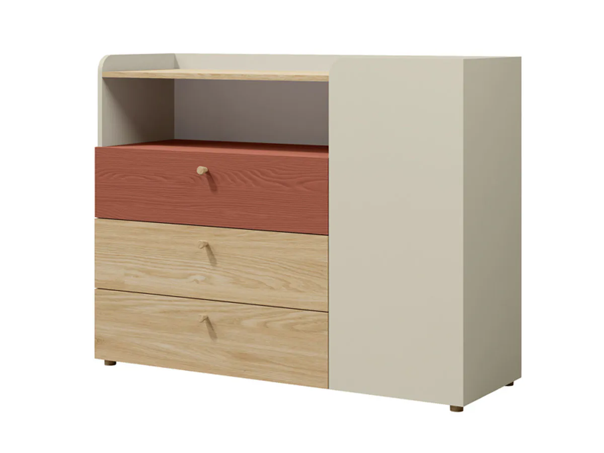 Chest of drawers YUKI REG 9 grey-beige/oil oak/coral